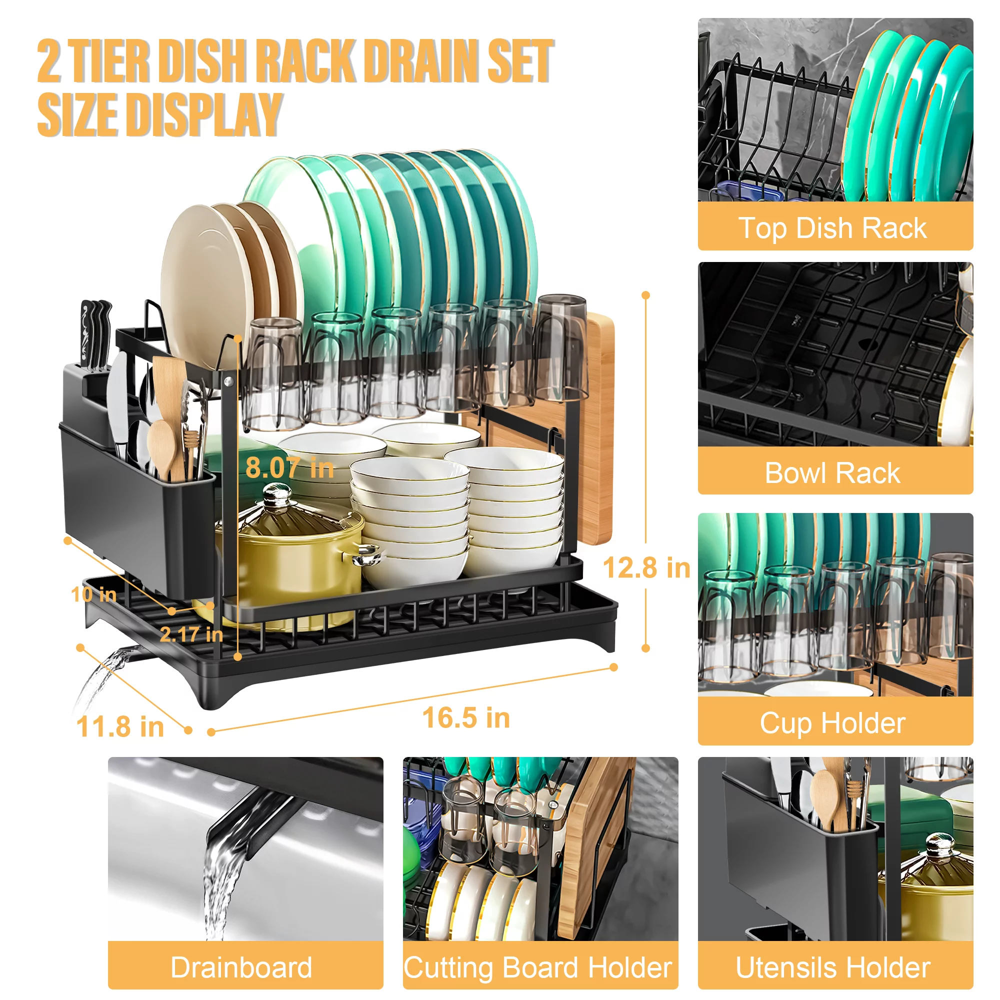 2 Tier Dish Racks for Kitchen Counter, Dish Drying Rack with Dish Drainer, Durable Stainless Steel Dish Rack Drain Set with Utensil Holder, Cutting Board Holder, Kitchen Dishes Organizers