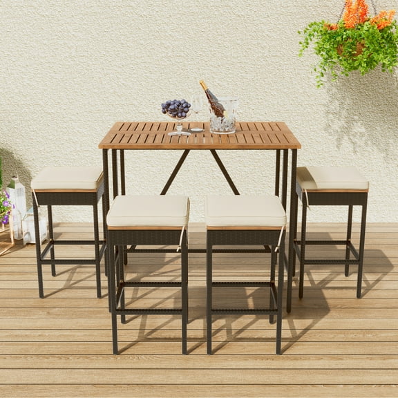 5 Pcs All-Weather Patio Furniture Set, Outdoor Acacia Wood Bar Height Table And 4 Stools With Cushions, Foldable Tabletop, Brown