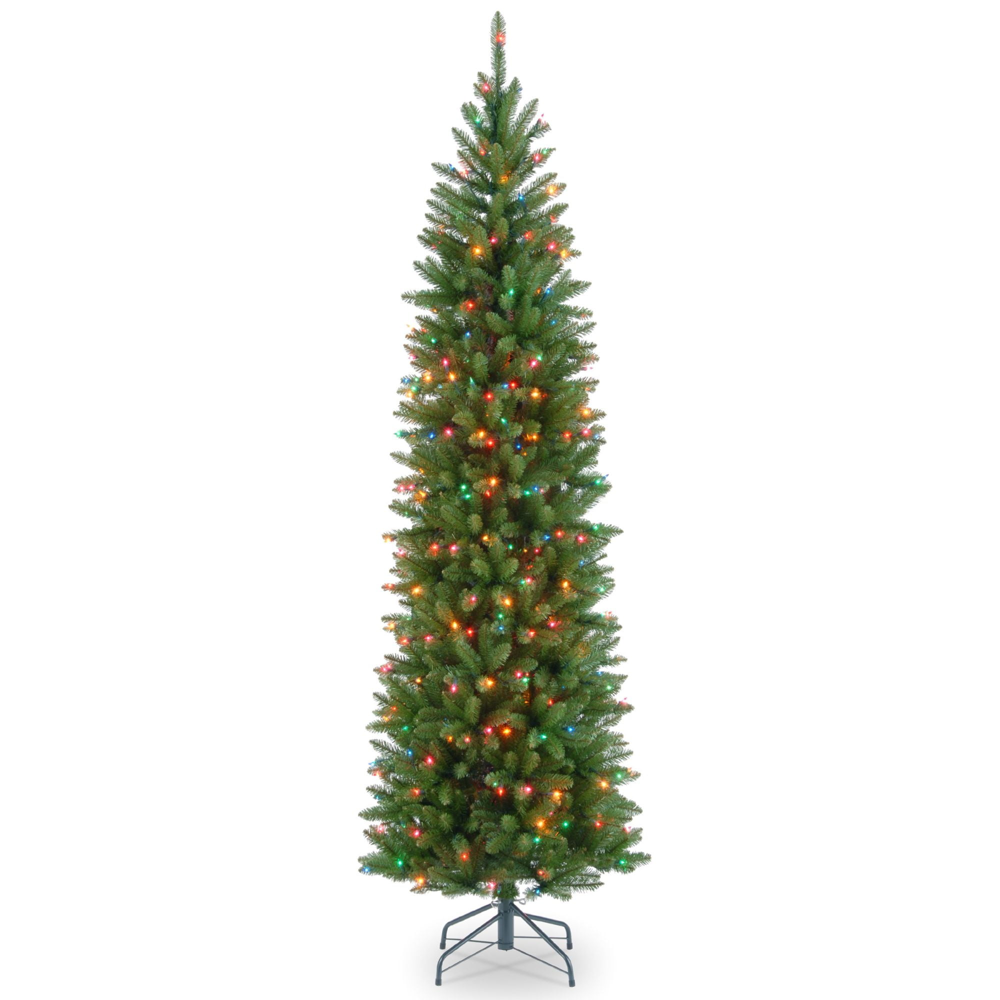 Photo 1 of National Tree Company Artificial Pre-Lit Slim Christmas Tree, Green, Kingswood Fir, Multicolor Lights, Includes Stand, 7 Feet
