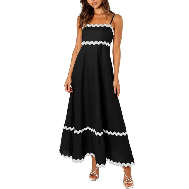 WTXUE Robes Maxi en Liquidation, Robe Nuisette Sans Manches Élégante à Encolure Carrée, Femmes 2024 Été Encolure Dégagée à Étages Fluide Longue Unie Vestidos Casuales Para Mujer Verano Maxi Women, Noir+TG(US:14-16)