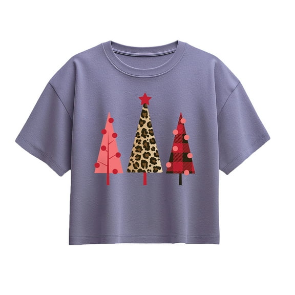 Instant Message - Leopard Print Christmas Trees - Youth Girl Short Sleeve Boxy Tee