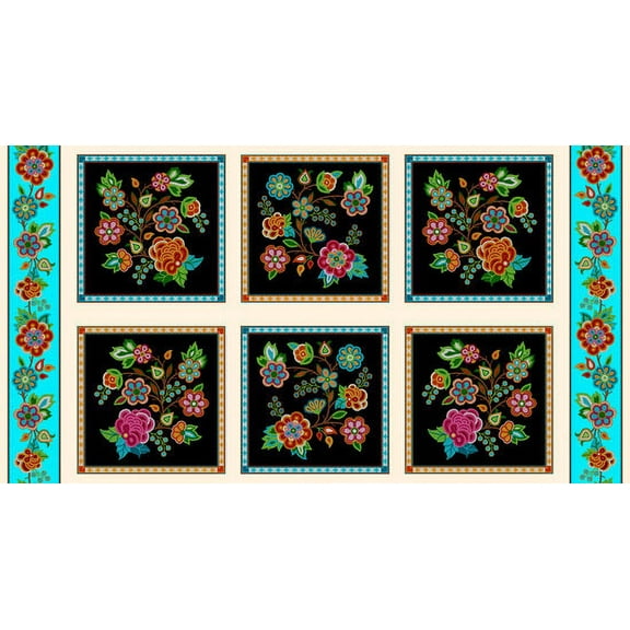 24" X 44" Panel Flowers Floral Designs TusconCotton Fabric Panel (616Black)