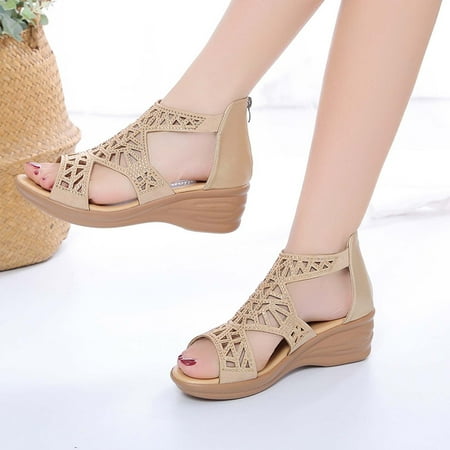 

AXXD Beige Wedge Sandals for Women Summer Fish Mouth Rhinestone Hollow Out Sandals Back Zipper Heels Sandals