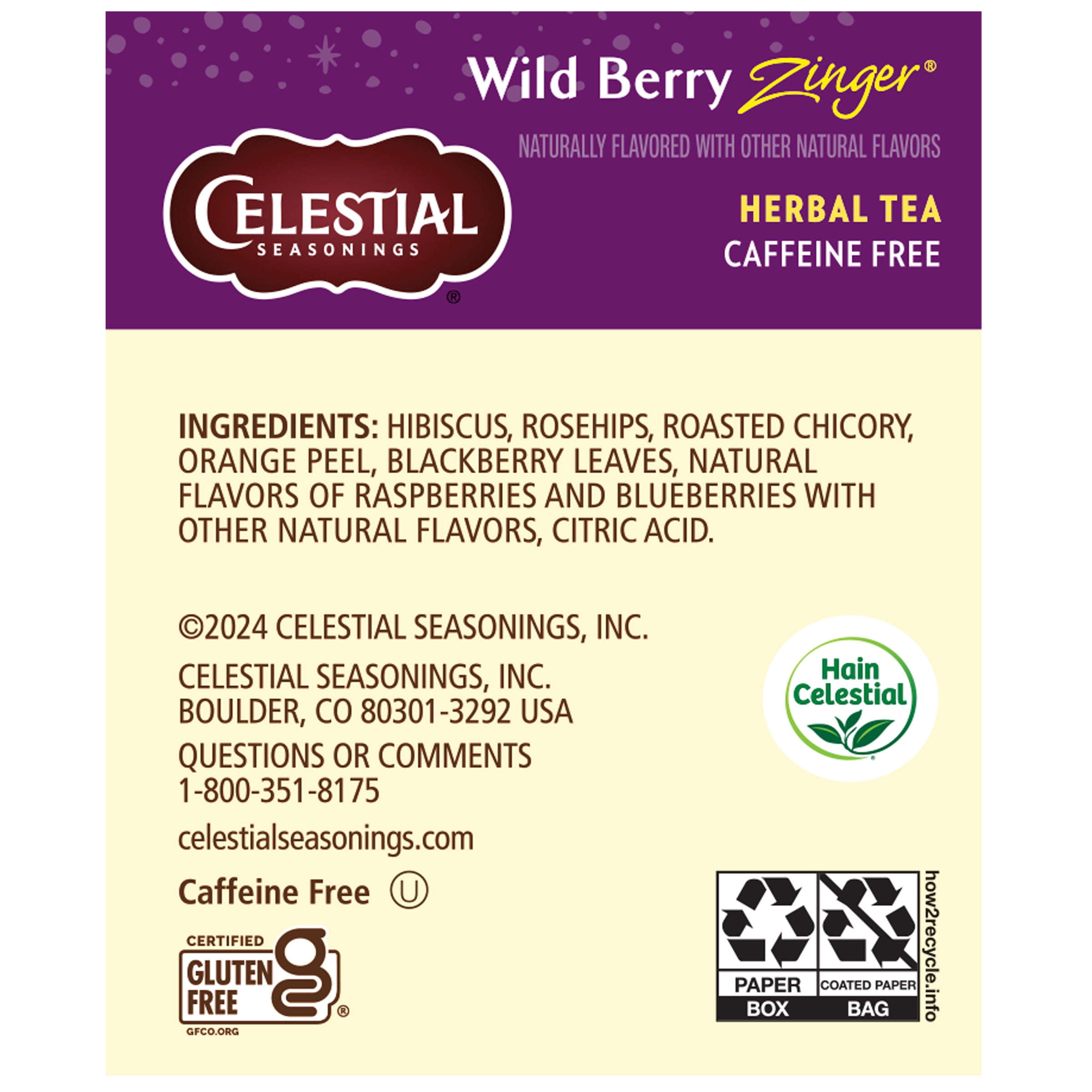 (6 pack) Celestial Seasonings Wild Berry Zinger Caffeine-Free Herbal Tea Bags (20 Count)