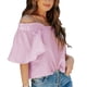 thumbnail image 2 of Camiseta de manga corta con dobladillo suelto, cómoda, con escote cuadrado fruncido, mangas abullonadas, informal, holgada, para mujer, niña, verano, rosa, XL, 2 of 5
