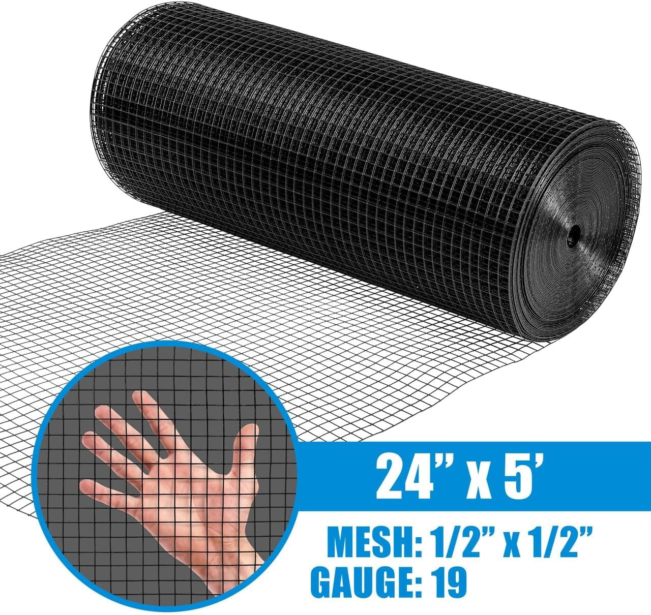 Fencer Wire Vinyl Coated 19 Gauge Welded Fence Wire Roll, Mesh Size 1/2-Inch x 1/2-Inch, Black Garden Fencing Wire Grid Hardware Cloth, Poultry Chicken Fence Rolls, Multiple Use for Home Improvement