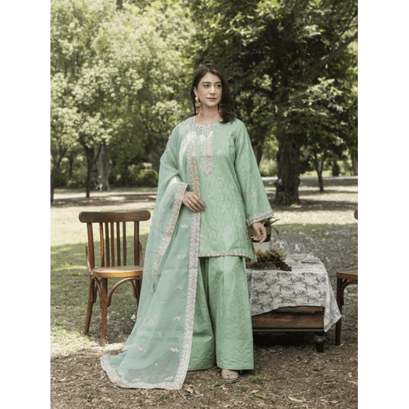 Women Pakistani farshi shalwar Salwar suit 3 pc jora light mint green embroidered stunning Eid wedding Ramadan dewali indian size medium M NEW