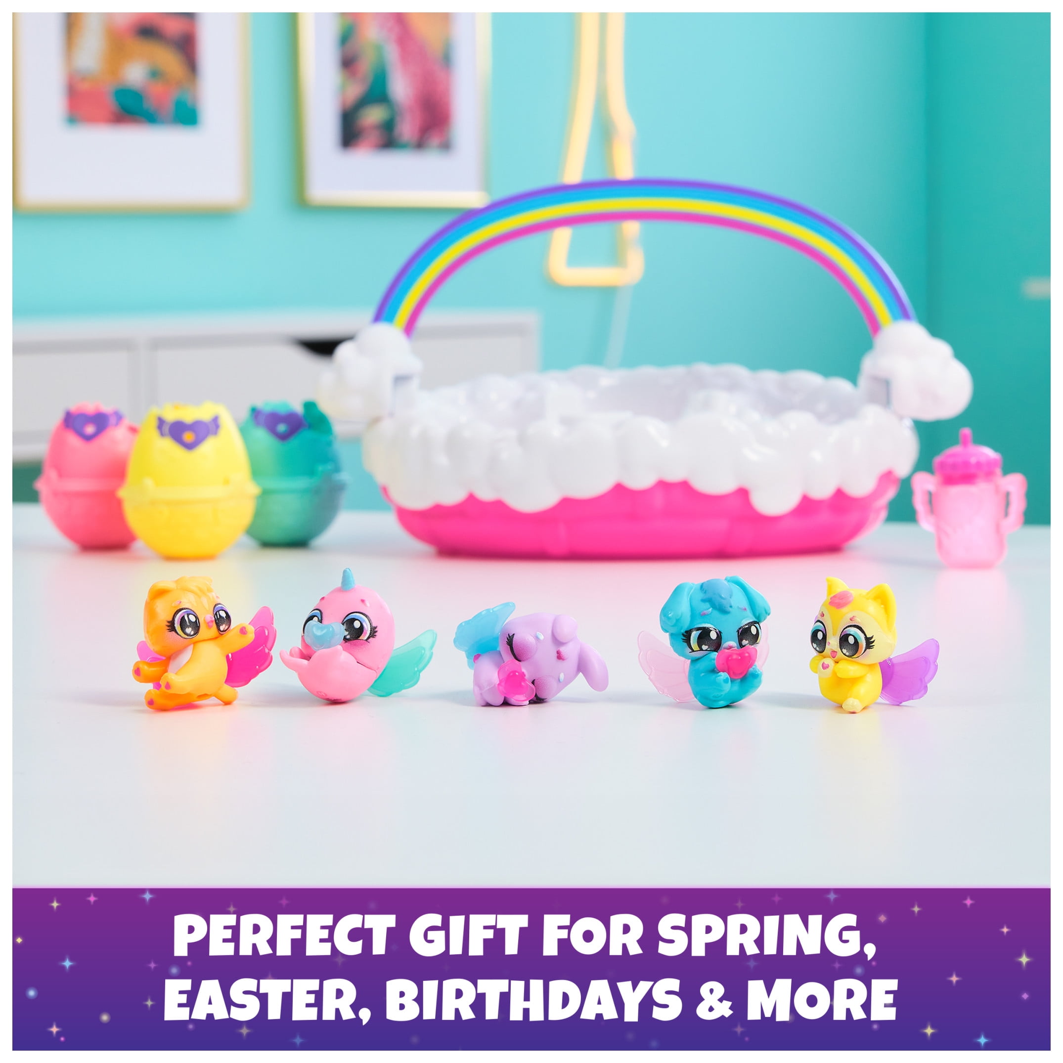 Hatchimals Alive, Neon Rainbow Spring Basket with 5 Doll Figures
