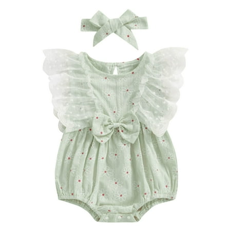

Lovskoo Baby Girl Clothes Newborn Infant Summer Outfit Cute Lace Trim Ruffle Romper Headband Set Summer Outfits Set 0-18 Months Green