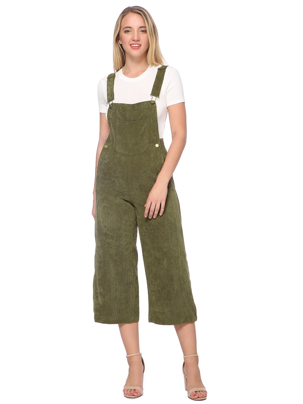 Womens Ribbed Corduroy Bib Front Wide Cropped Leg Overalls with Pockets ...