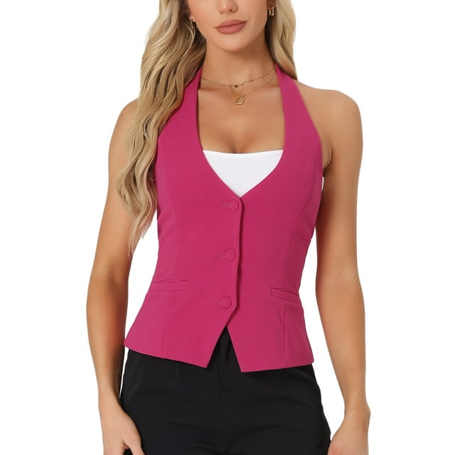 INSPIRAR CHIC Chaleco de traje sin mangas con cuello halter para mujer M Rosa Fucsia