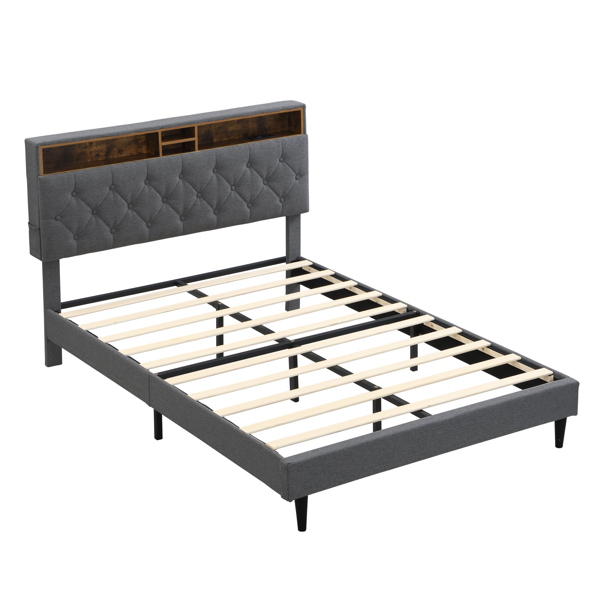 Leumius Queen Size Bed Frame with USB Ports, Modern Platform Bed with Tufted Upholstered Headboard & Storage Shelf, Queen
