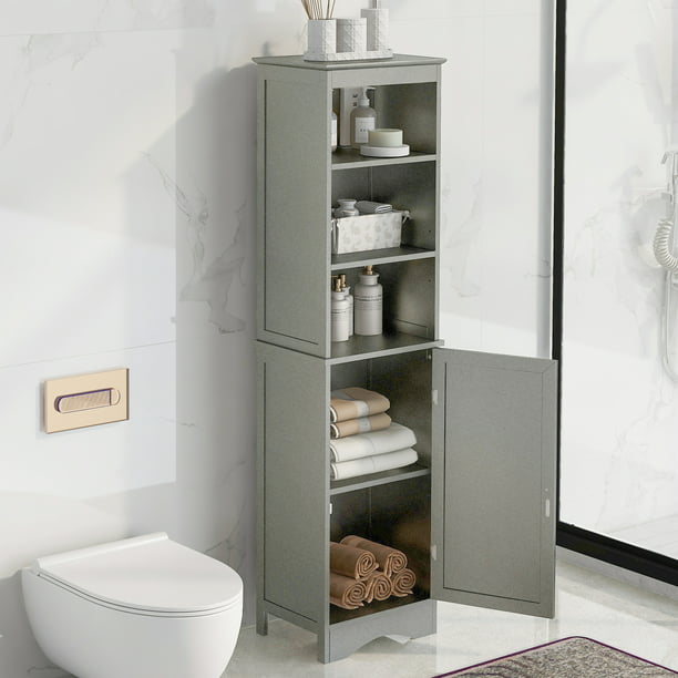 5 Tier Tall And Slim Bathroom Cabinet Freestanding Storage With Door Mdf Board Adjustable Shelf Gray 15 00 L X 11 8 W 59 H Com - How To Make A Bathroom Storage Closet