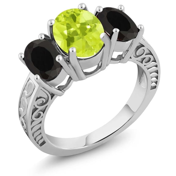 Gem Stone King 3.25 Ct Oval Yellow Lemon Quartz Black Onyx 925 Sterling Silver 3-Stone Ring (Size 6)