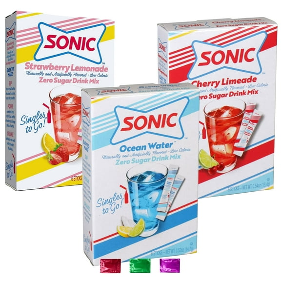 Sonic Zero Sugar Drink Mix Variety Pack of 3- Cherry Limeade, Strawberry Lemonade, Ocean Water, 18 Total Servings Sticks Hydration Powder Packets with Snoep in Beperkte Oplage