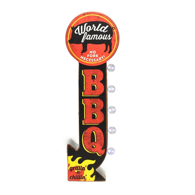 Light Up World Famous BBQ Tin Metal 3D Wall Sign LED Outdoor Patio Home Decor