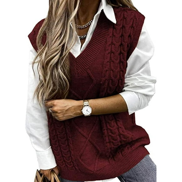 pels Argyle Sweater Vest Women y2k Plaid Knitted Streetwear Preppy Style V Neck Crop Knitwear School Tank Top for Girl Burgundy Medium