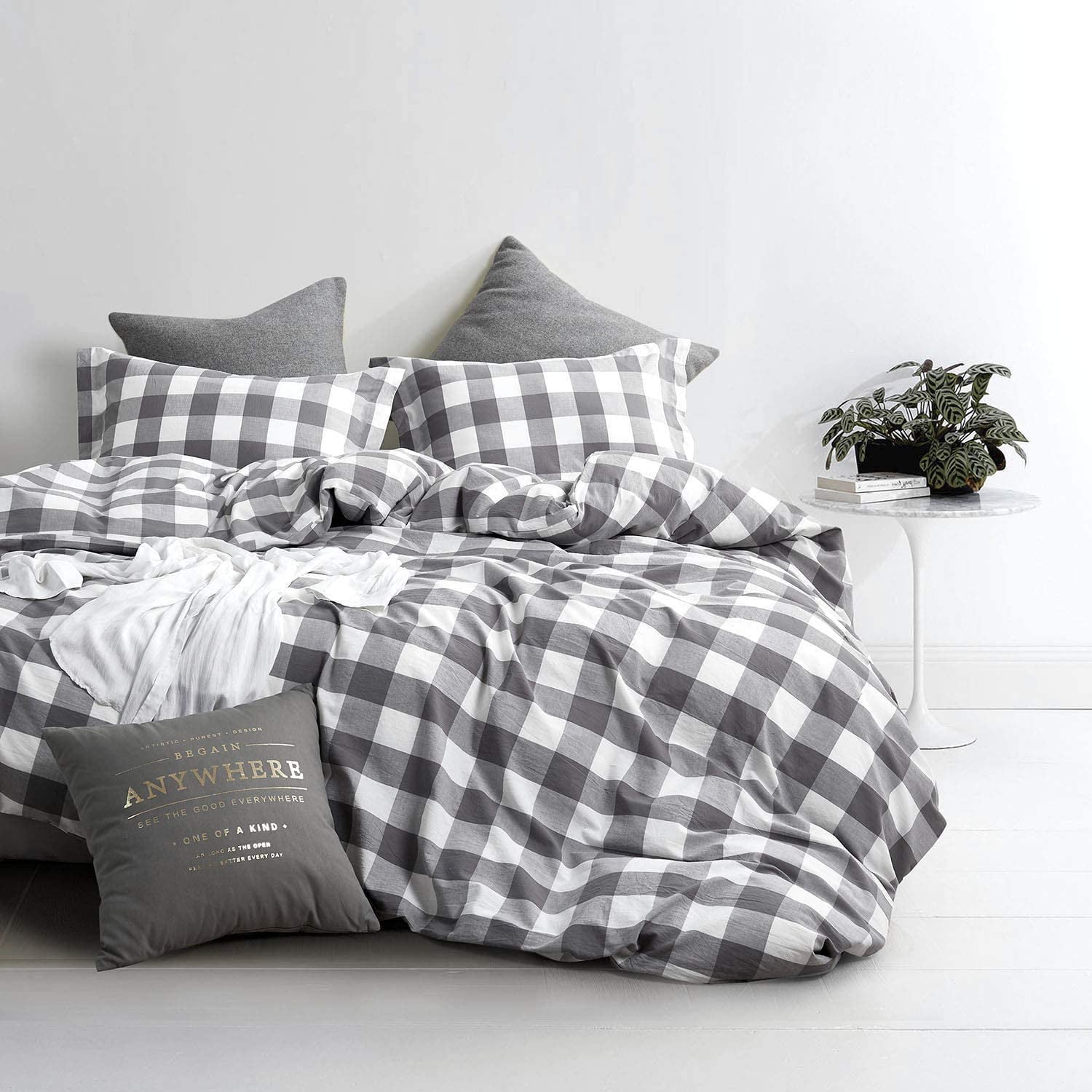 grey and white checkered duvet cover