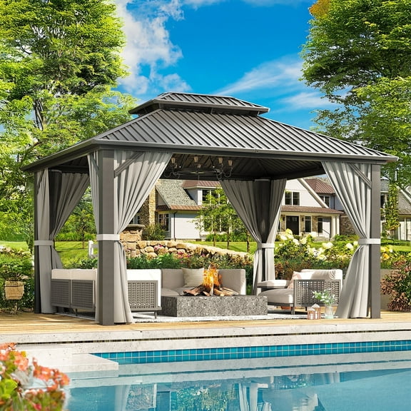 NETAJE 10x12 FT Hardtop Gazebo, Heavy Duty Gazebo with Aluminum Frame, Galvanized Steel Double Roof & Mosquito Net for Garden, Patio, Grey