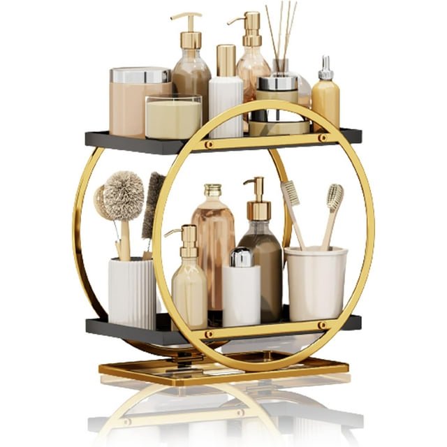 2 Tier Bathroom Countertop Organizer, Metal Cosmetic Organizer and Storage, Make up Counter Shelf Perfume Holder Rack Cosmetic Display Tray for Bathroom, Gold
