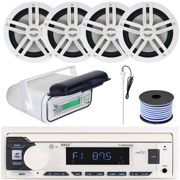 Pyle PLMRB29W2 Single DIN Marine Bluetooth USB/AUX MP3 Player AM/FM Radio In-Dash Stereo White Receiver w/White Cover, 4x 6.5" 180W Max Power 2-Way Boat White Speakers, Radio Antenna, Speaker Wire