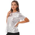 thumbnail image 4 of YEAHDOR Womens Metallic Shiny T-shirt Glossy Solid Color Short Sleeve Tees Tops A Silver S, 4 of 7