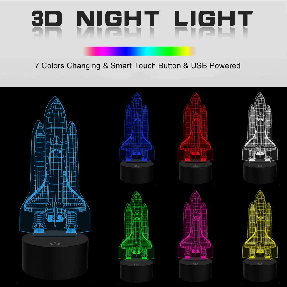 YKLWORLD Rocket Night Light 3D Illusion Lamp LED Space Shuttle Nightlight 7 Color Changing Touch Sensor Desk Table Lamp with USB Cable Decoration for Nursery Bedroom Kids Boys Birthday Gifts