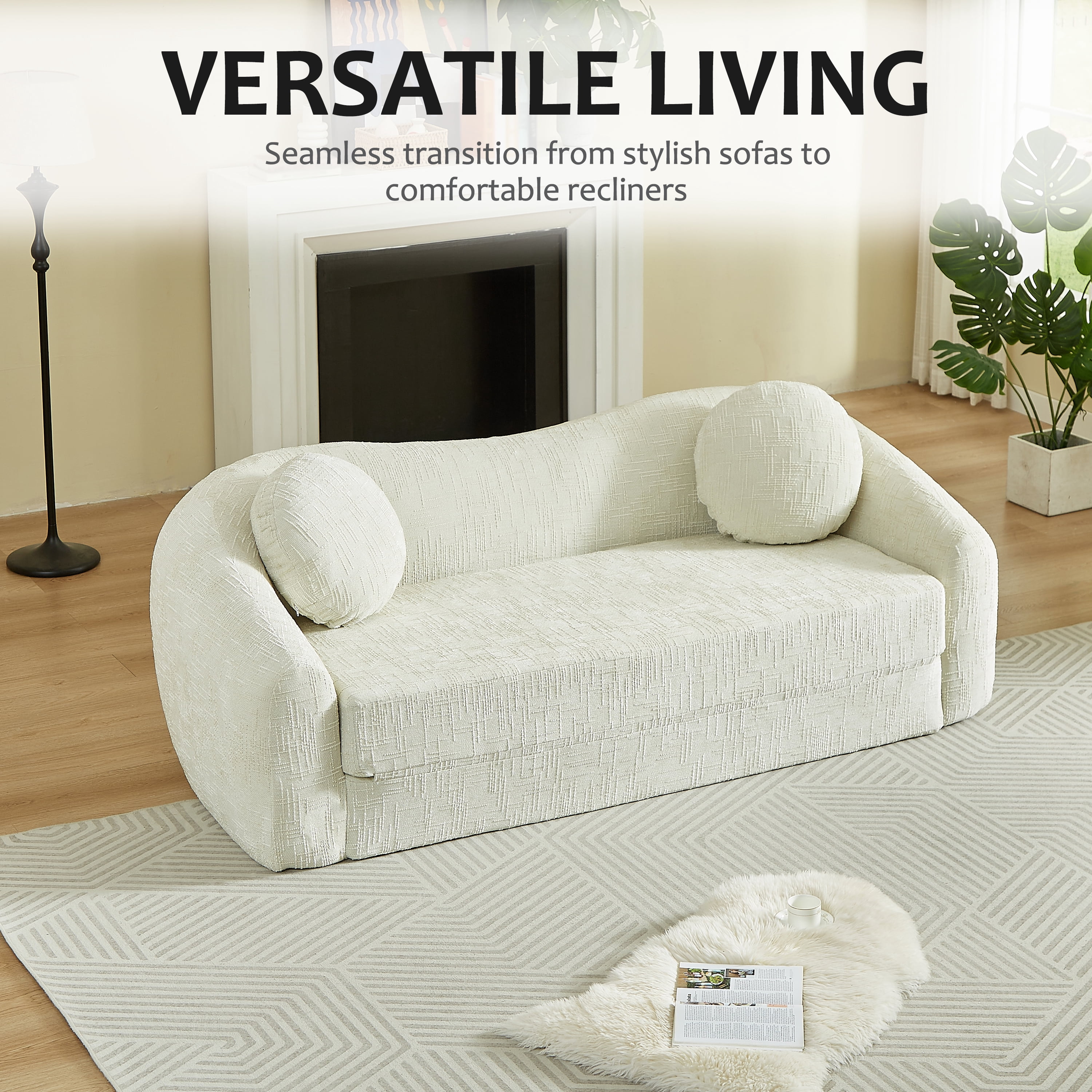 Leumius 87" Convertible Futon Sofa Bed, Corduroy Curved Boneless Couch with High Backrest, 2-in-1 Fold-Out Sleeper Sofa with Pull-out Couch Bed,Beige-Round Pillow