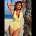 thumbnail image 4 of Traje de Baño de una Pieza para Mujer, Tirantes Anchos, Escote en V, Textura Plisada, Ribete Acanalado, Espalda Abierta Amarillo L, 4 of 9