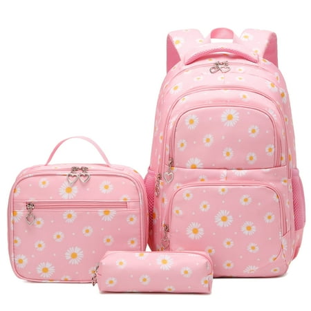 Forestfish Pink Daisy Backpack Set for School with Lunch Bags Water Resistant Lightweight Large Backpacks for Teen