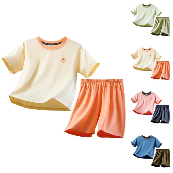 Eltusu Boys Cotton Outfit Sets, Comfy Elastic Waistband Short Sleeve T-Shirts and Shorts Sets Orange Size 3-16 T