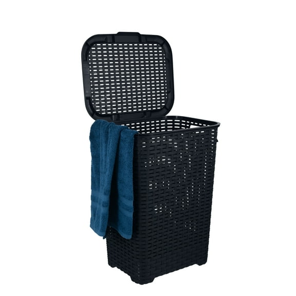 Superio Laundry Hamper with Lid Black, 60 Liter Large Wicker Hamper Basket, Dirty Cloths Storage with Cutout Handles, for Landry Room, Bedroom, and Bathroom