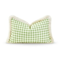 Hofdeco Premium Coastal Patio Indoor Outdoor Lumbar Pillow Cover Only, 12"x20" Water Resistant for Backyard, Couch, Green Gingham Fringe