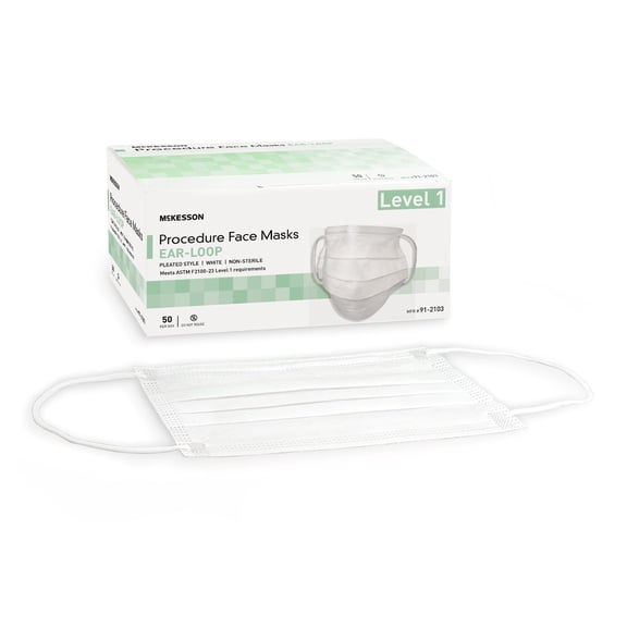 McKesson Medical Face Masks, Level 1 - Pleated with Ear Loops, Non-Sterile, White, 7 in x 3.75 in, 50 Count, 10 Packs, 500 Total