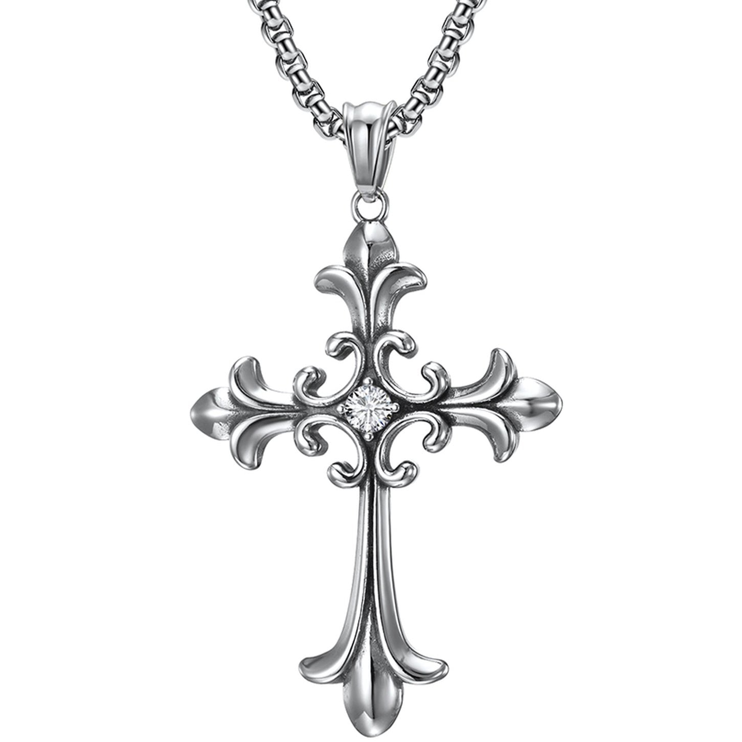 Men's Stainless Steel Large Fleur De Lis Gothic Cross Pendant Necklace 