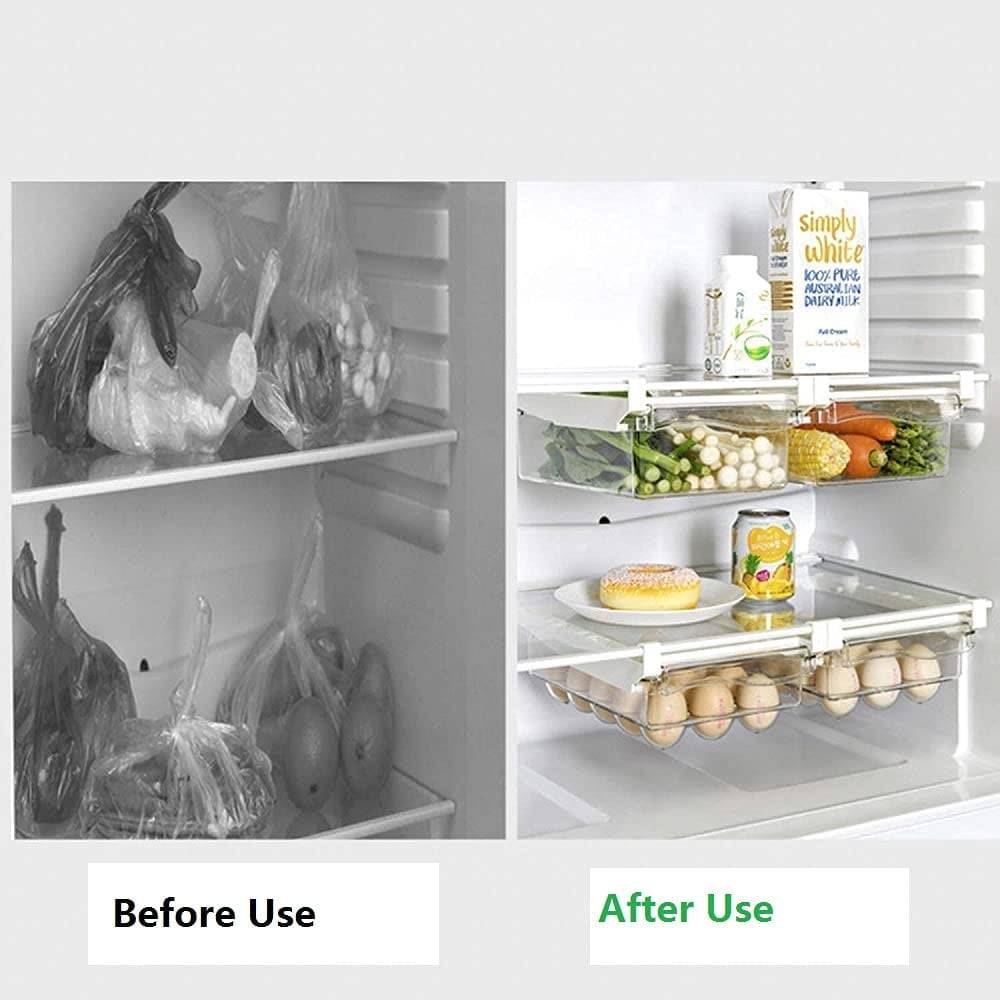 Refrigerator Pull Out Bin,Snap On Drawer Fridge Mate,Fridge Storage Box/Drawers/Rack, Refrigerator Bin Home Organizer for Fridge Shelf Thickness Under 0.6"