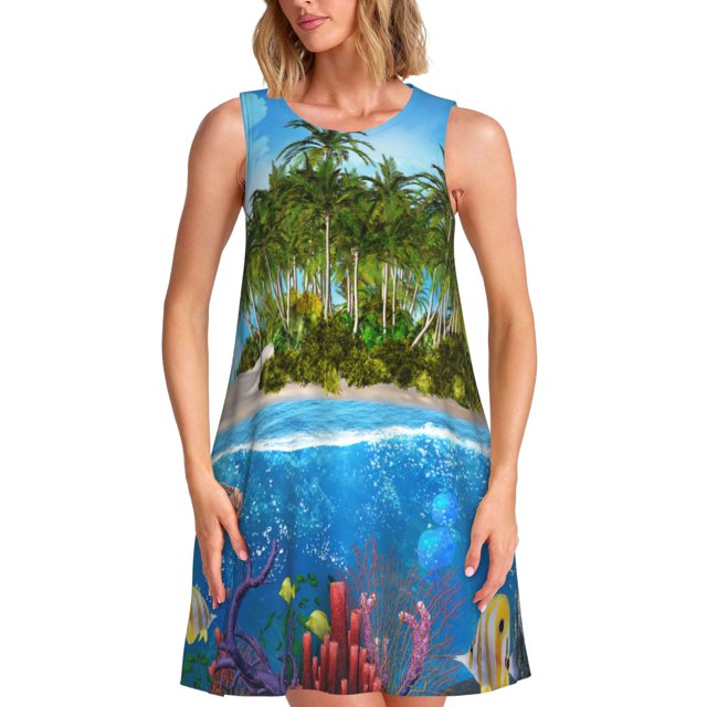 Fotbe Island And Coral Reef Vestido de Verano sin Mangas para Mujer – Vestido Midi Línea A, Estilo Camiseta Floral, Vestido Playero Casual y Fluido