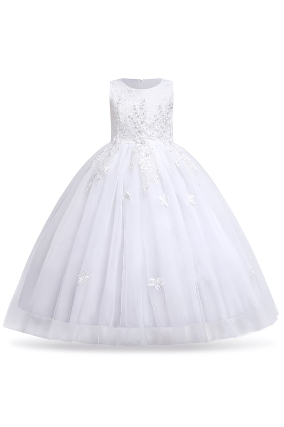 Kids Girls Flower Vintage Lace Princess Long Dress Tulle Pageant Formal Party Wedding Floor Dance Evening Gown 5-6 Years White