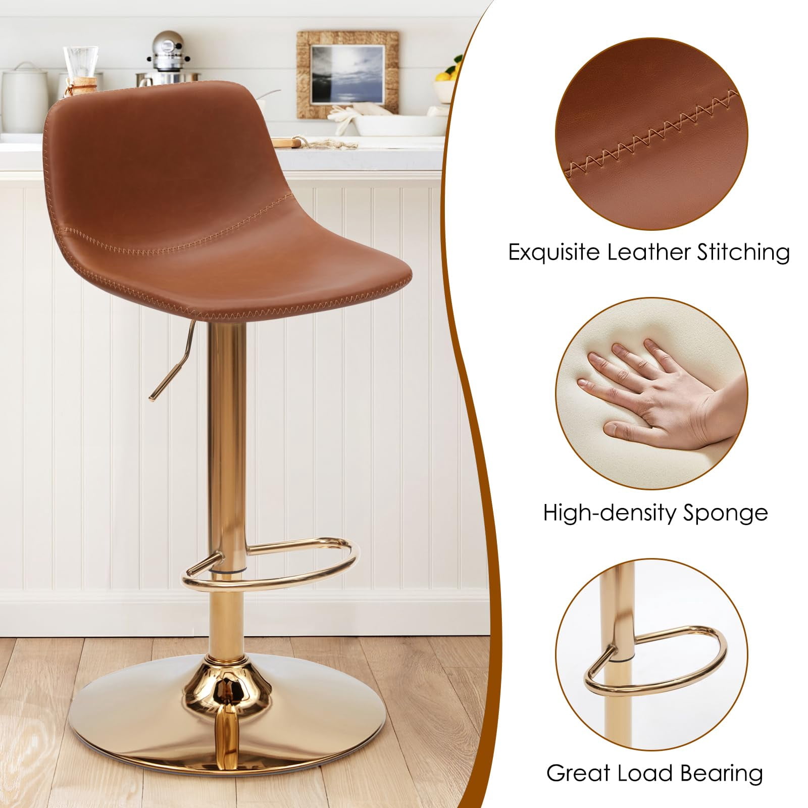 STARY Adjustable Bar Stools Set of 2, Modern Swivel Bar Stools, Bar Height Stools with Back Support, Pu Leather Bar Stool for Kitchen Island Counter