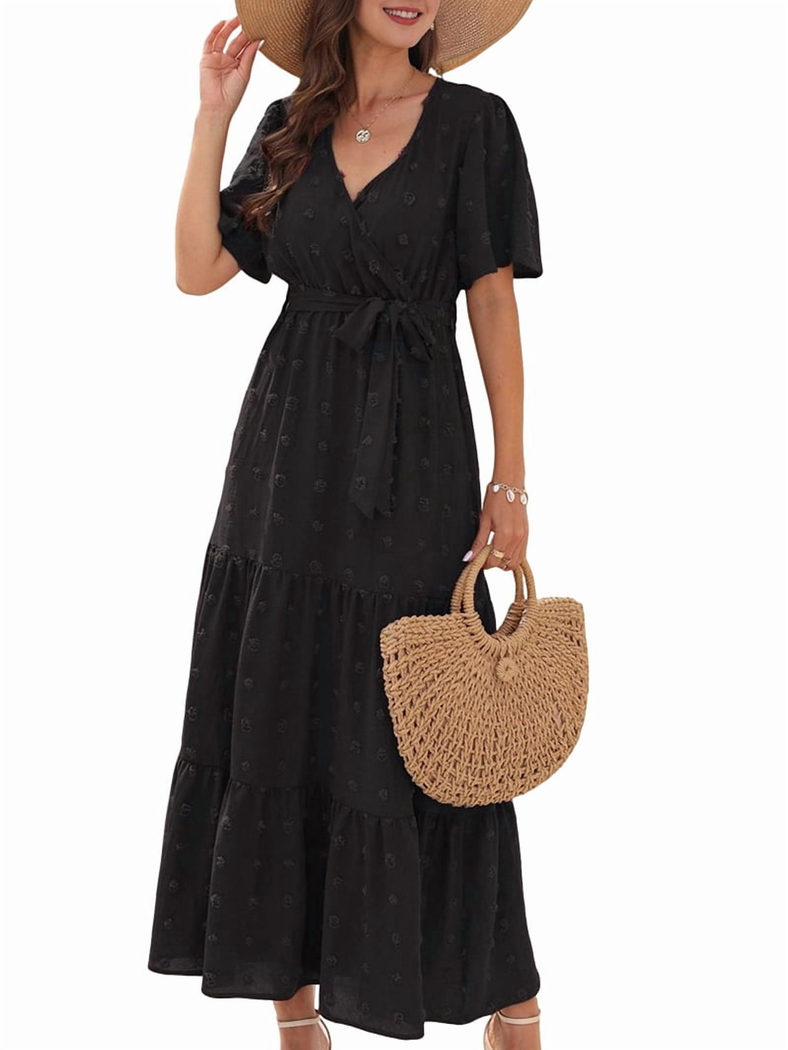 Boho Dot Summer Maxi Dresses for Women Wrap V Neck Short Sleeve Long Flowy Church Wedding Guest Dress Black L