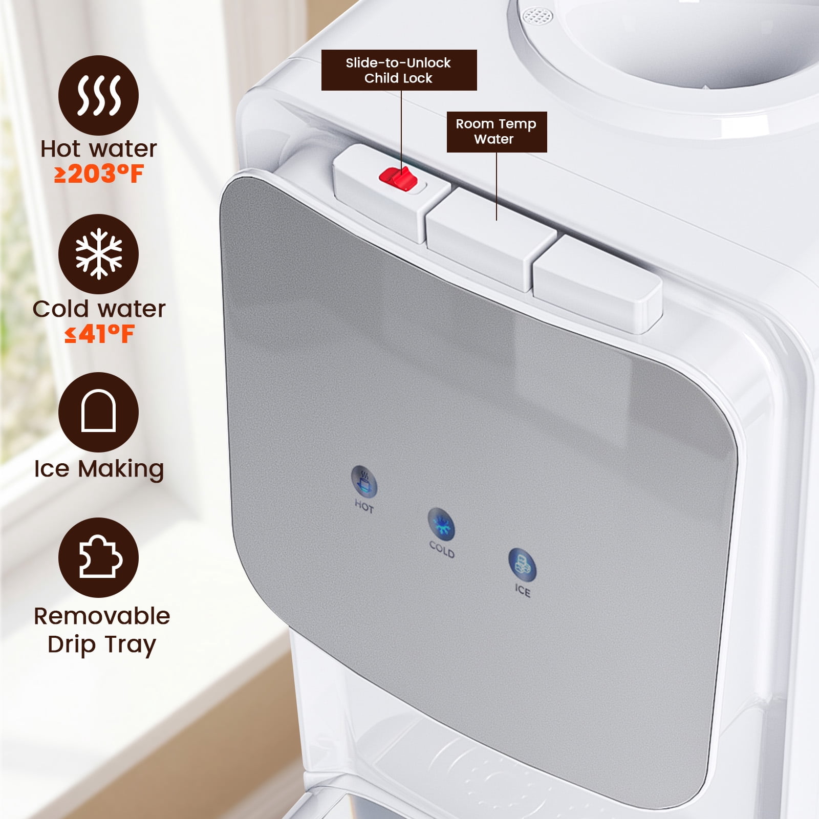 Advwin 4-in-1 Water Cooler Dispenser with Ice Maker, Hot & Cold Water, 33 lb Ice per Day, Ice Ready in 7 Minutes, Top Loading 3–5 Gallon, Child Safety Lock, White/Silver