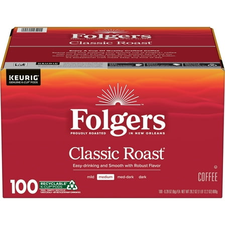 Folgers Classic Roast, Medium Roast Coffee, Keurig K-Cup Pods, 100 Count Box