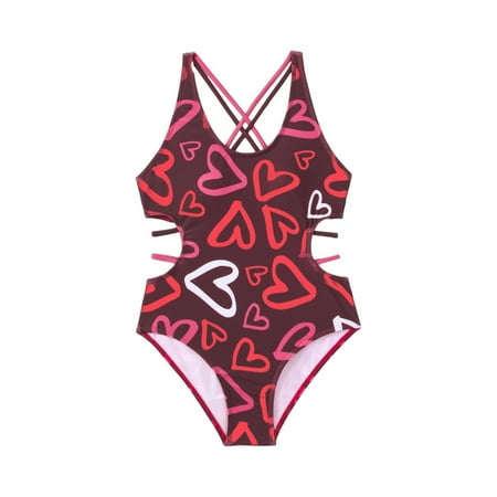 CCRFTGI Girls Swimsuits Toddler 4-5 2026 Summer One Piece Swimsuit Heart Print Beach Sport Swimsuits Swim Vacation Girls Clothes Girls Bathing Suit Wine 3-4 Years