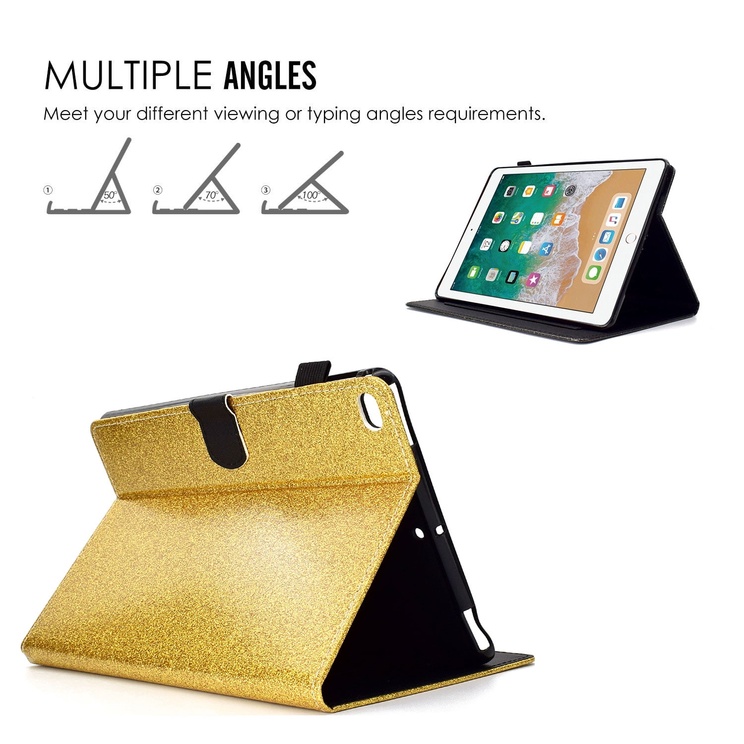 iPad 9.7 2018/2017 Case with Pencil Holder, iPad Air 1 2 Case, Allytech Glitter Leather Folio Kickstand Shock-Absorbing Auto Sleep Wake Case for Apple iPad 9.7 6th/5th Generation, iPad Air 1 2, Gold