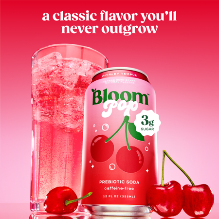BLOOM NUTRITION POP PREBIOTIC SODA, SHIRLEY TEMPLE, 12 FL OZ CAN