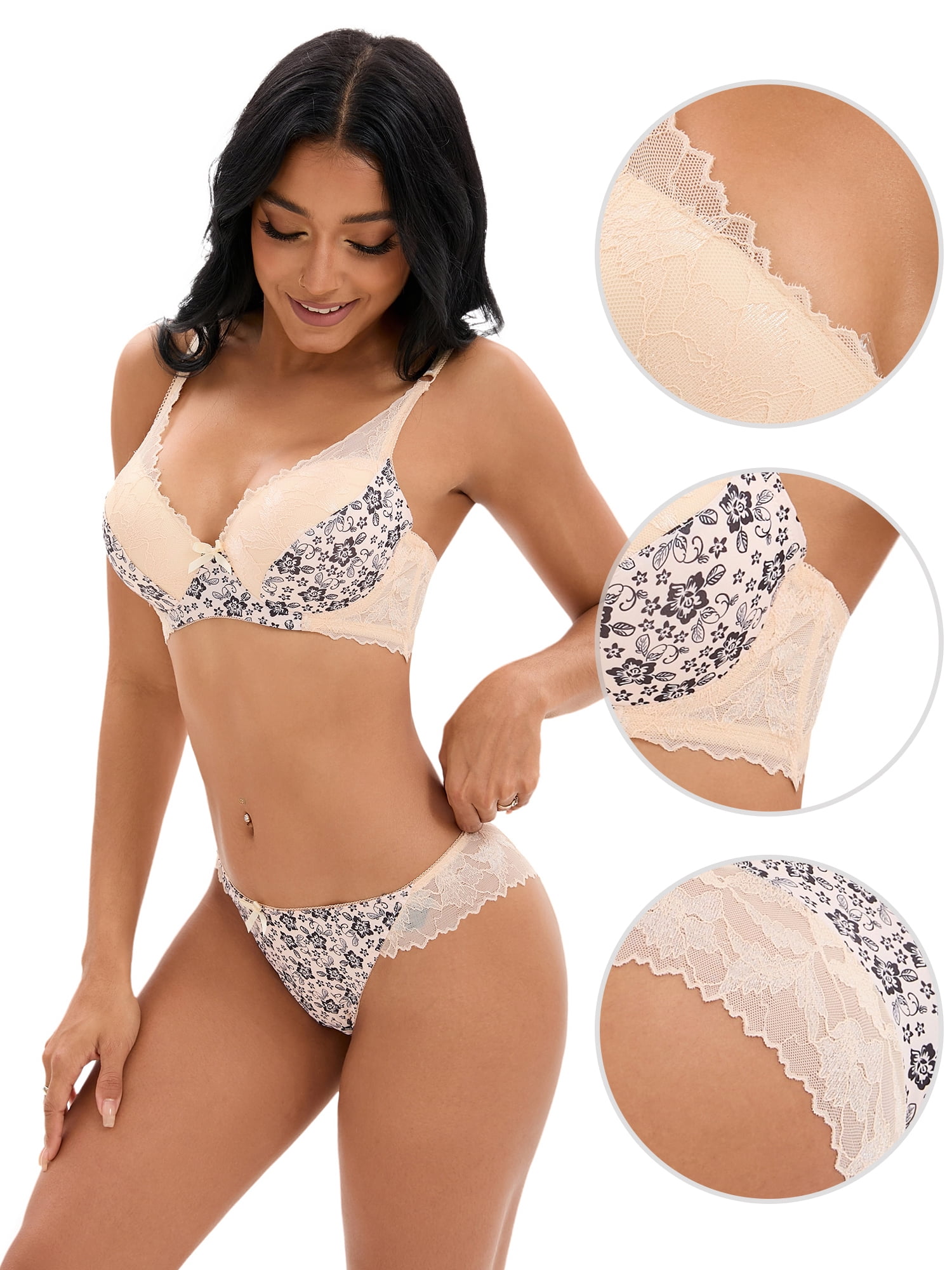 Unique Bargains Women's 2 Pcs Lingerie Set Floral Mesh Lace Bra and Panty Sets B 34 Beige