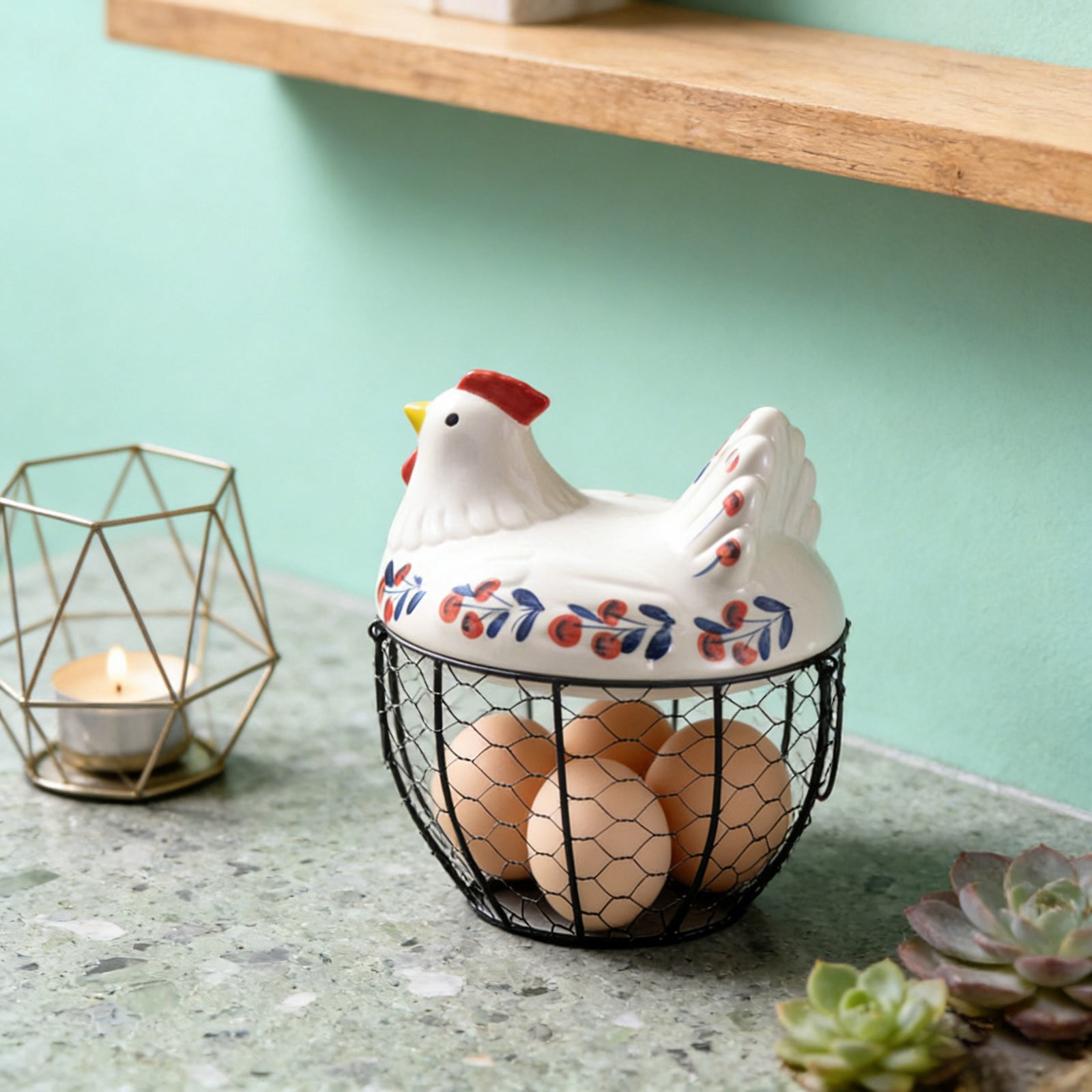 Farmhouse Egg Basket with Ceramic Lid, Black Wire Egg Holder for Fresh Eggs, Decorative Chicken Design Egg Storage Container, Kitchen Countertop Organizer Case for Eggs