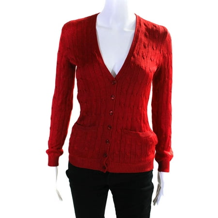 

Pre-owned|Ralph Lauren Womens V Neck Solid Cable Knit Button Down Cardigan Red Size Small