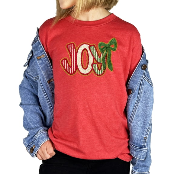 Ink Printed Image NOT a Yarn Patch Joy Holiday Shirt for Women, Teens & Kids Christmas Tee Vintage Red Shirt Youth Medium