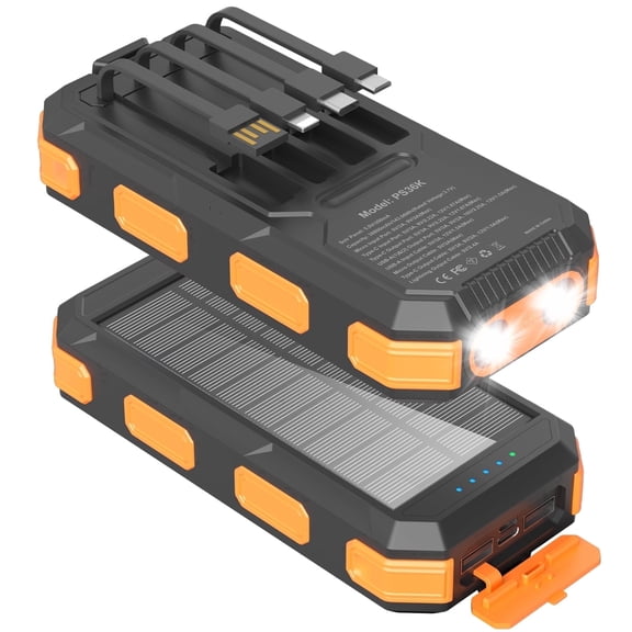 38800mAh Solar Power Bank Portable Charger, 22.5W USB-C Fast Charging Battery Pack with Built-in 4 Cables, Dual LED Flashlights and Anti-Slip Hook for Camping, Hiking and Outdoor Use